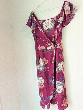 Semi sheer Floral Wrap Midi Dress L Ruffle Coquette Dainty Cottagecore Fairy